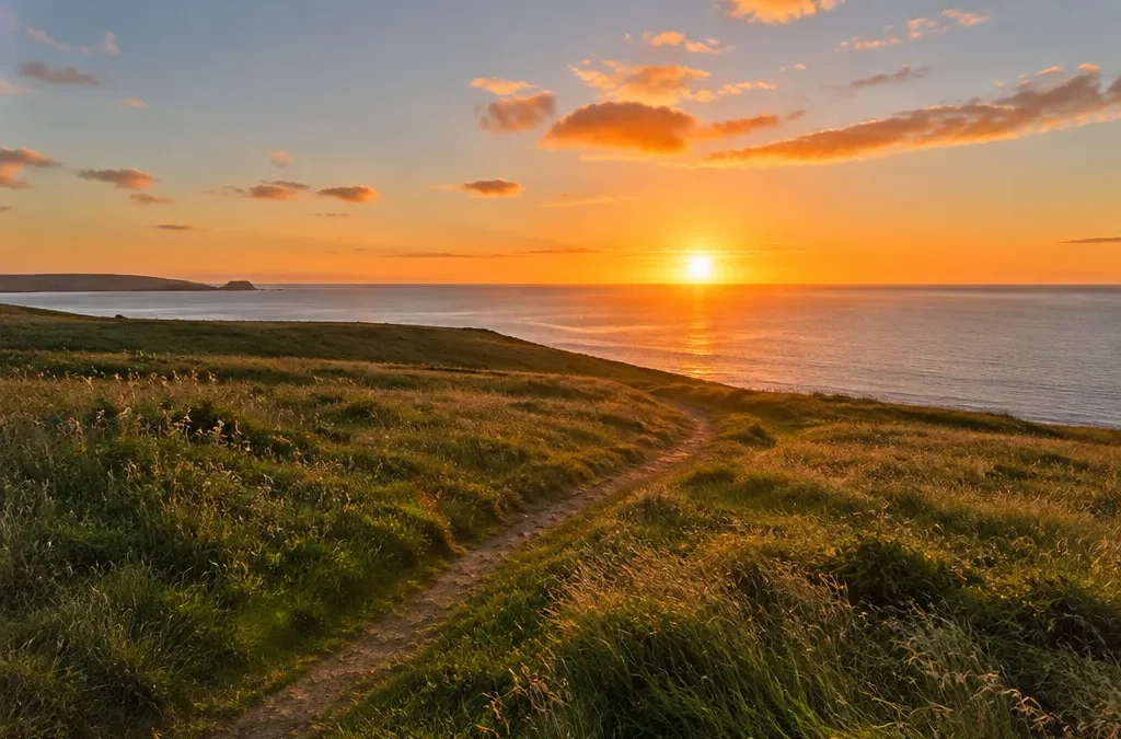 Coastal meadow with tall grass and a winding path glowing in warm golden hour light as the sun sits low over the sea
