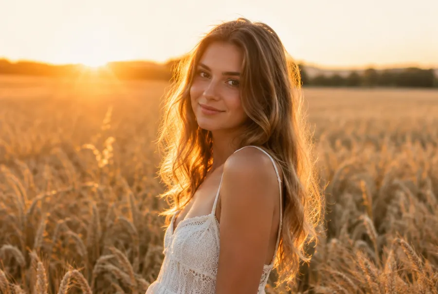 Young woman backlit by the low evening sun in a wheat field, her hair glowing with golden rim light