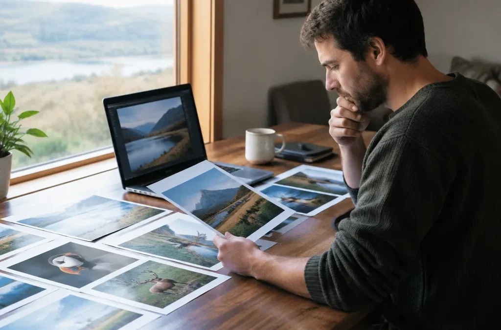 Photographer at a desk reviewing a selection of printed photographs spread out in front of a laptop