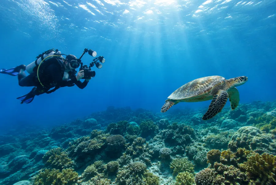 Underwater photographer with a camera and strobes photographing a sea turtle over a coral reef