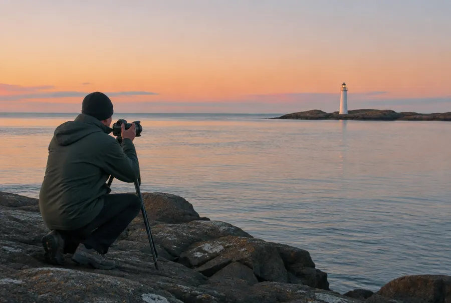 Photographer kneeling on a rocky beach framing a lighthouse with a camera on a tripod